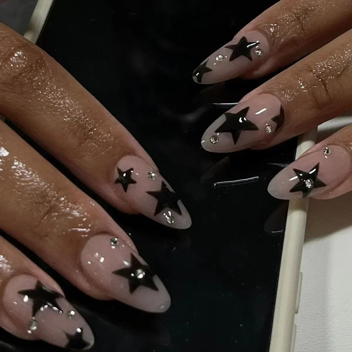 24Pcs False Nails Spicy Girl Silver Bow with Diamond Fake Nails with Glue Almond Press on Nails Black Cool Almond Nail Set