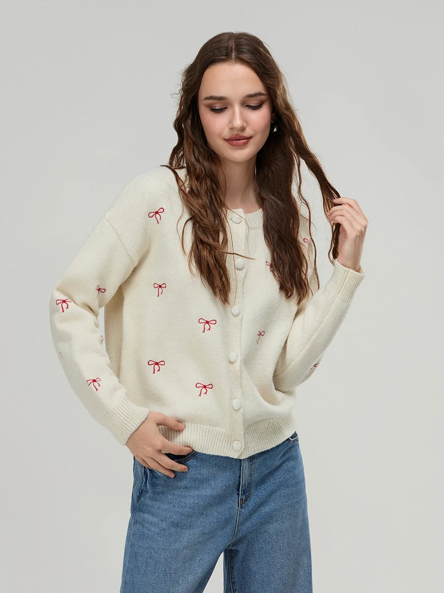 Women s Floral Embroidered Cardigan with Crew Neck and Button Down Closure Long Sleeve Knit Sweater for Casual Street Style