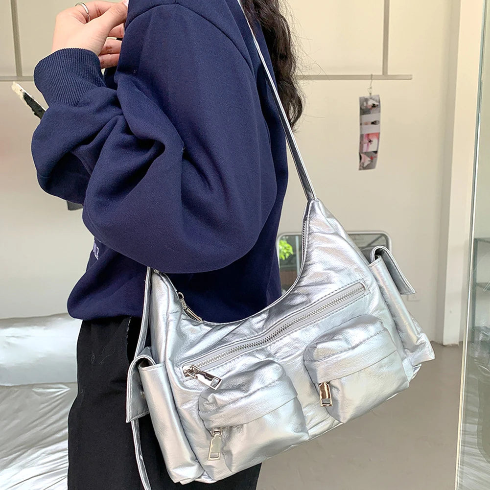 Women Retro Shoulder Bag Large Capacity Leather Tote Handbag Versatile Multi-Pocket Purse Top Handle Bag Girl Stylish Purse