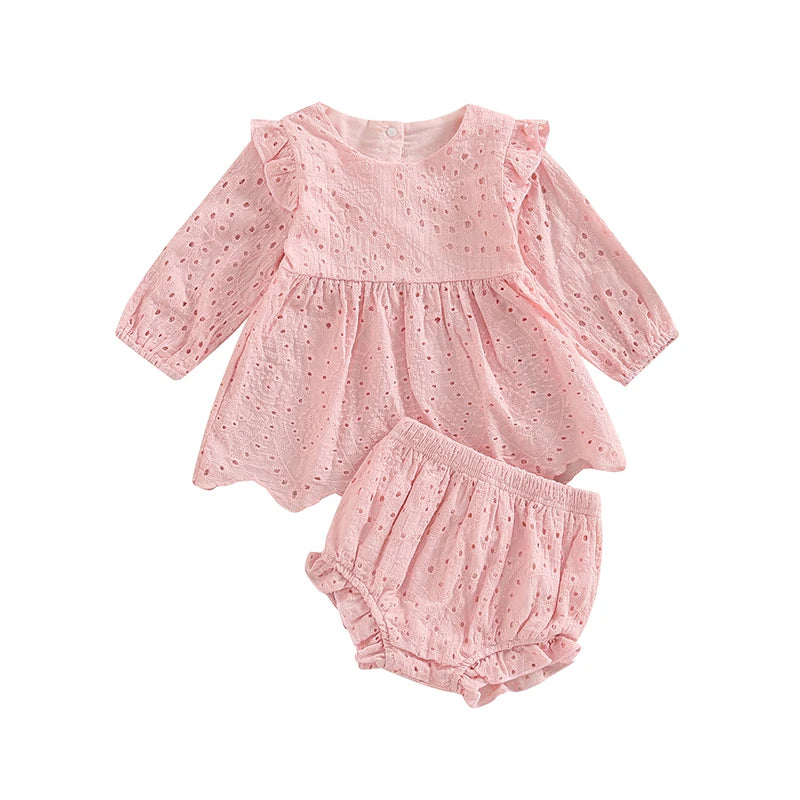 Adorable Infant Girls Outfit with Stylish Round Neck Long Sleeve Top and Cute Ruffle Shorts for a Casual Look