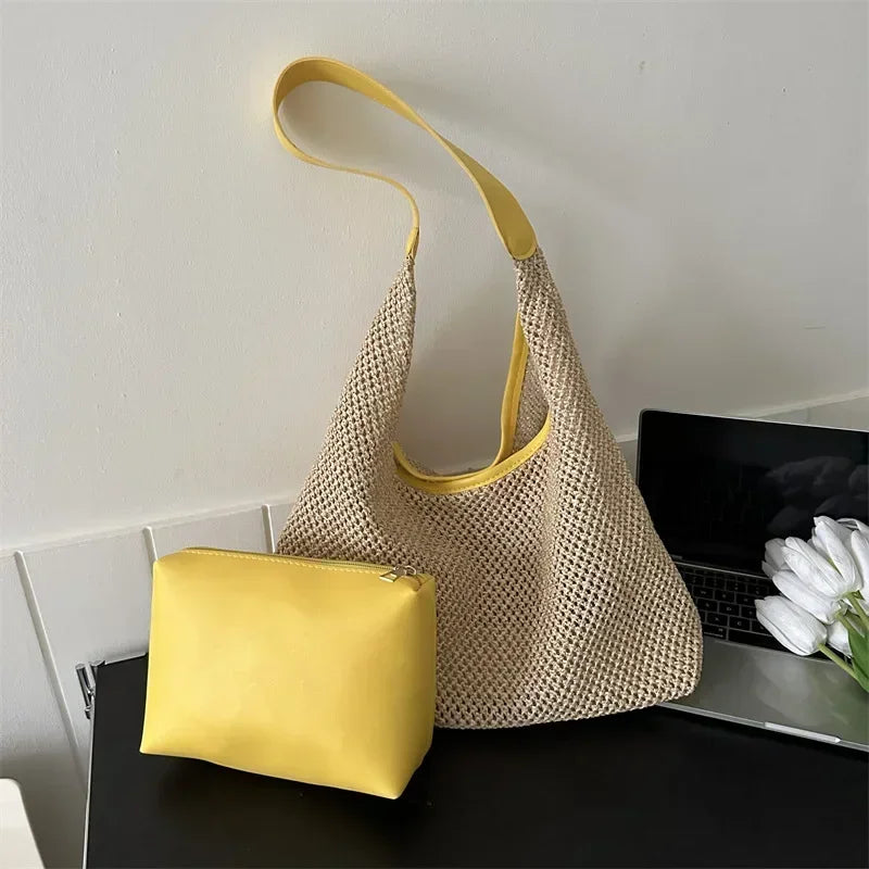 Travel Beach Straw Bag Rattan Woven Handmade Knitted Summer Beach Bag Straw Large Capacity Women Shoulder Bags Handbag Shopper