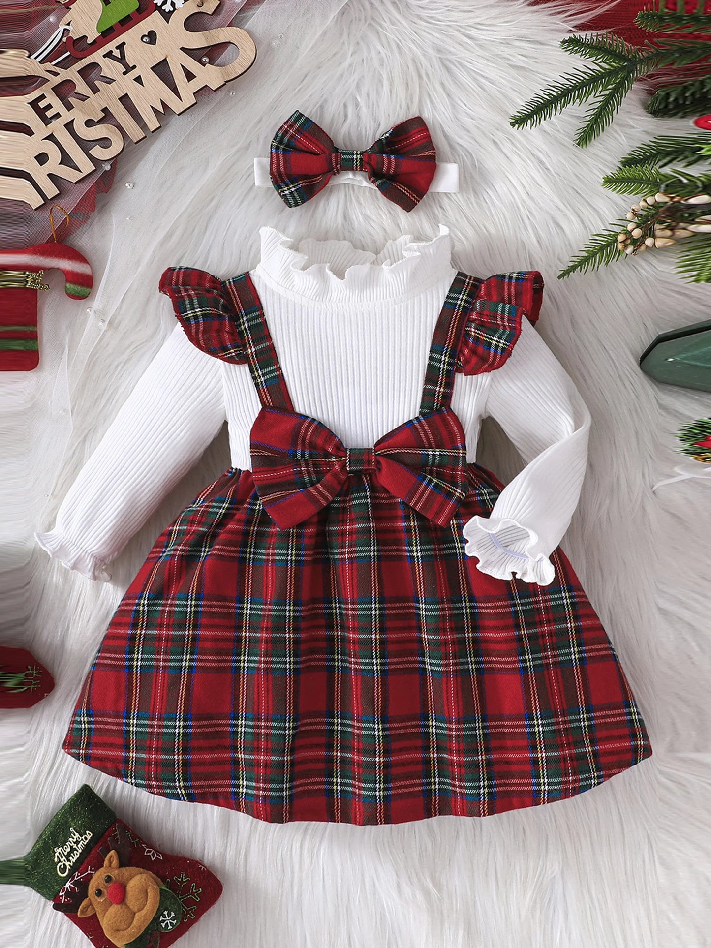 Toddler Christmas Outfit Red and Green Plaid Dress with Matching Headband Festive Holiday Costume for Baby Girl