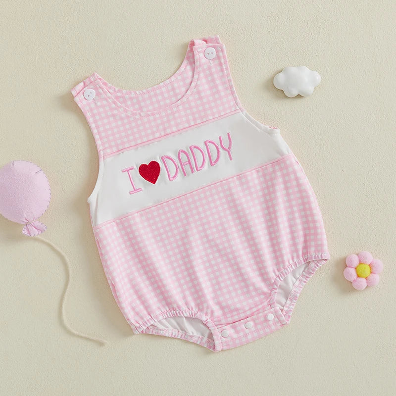 Cute Baby Girls Rompers with Adorable Letter Embroidery and Plaid Design Sleeveless Round Neck Infant Bodysuits Jumpsuits for