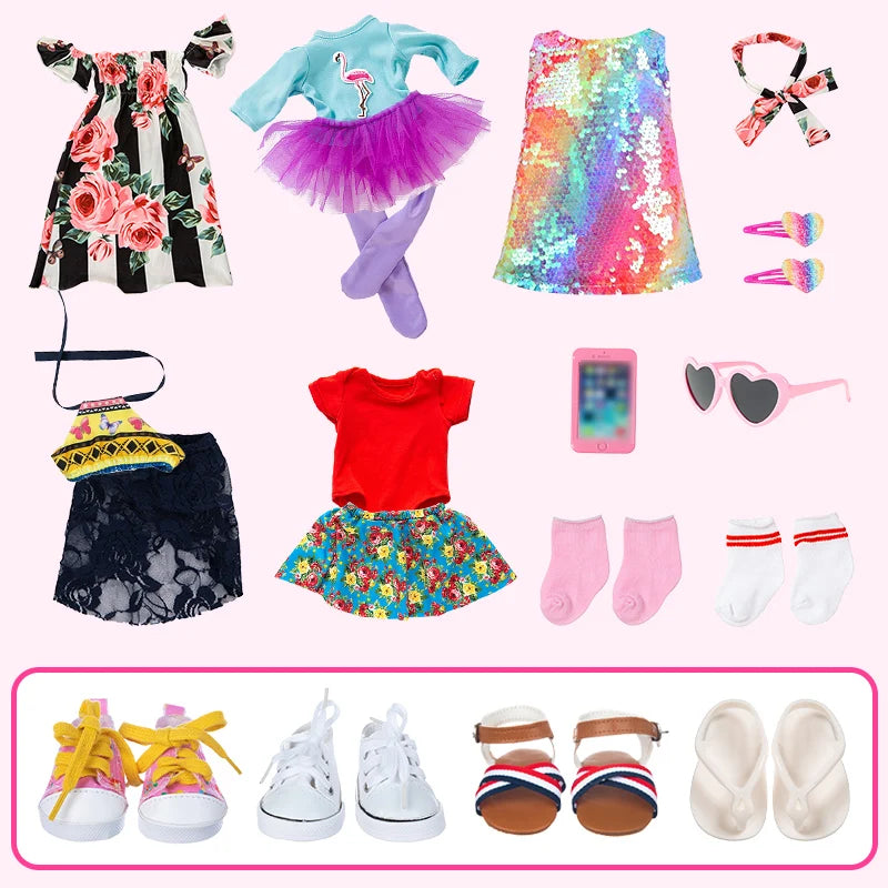 18Inch&45Cm Pop Doll Clothes Dress Top Short Skirt Shoes Phone American Reborn Baby Doll Clothing Knapsack Accessories Girl Gift