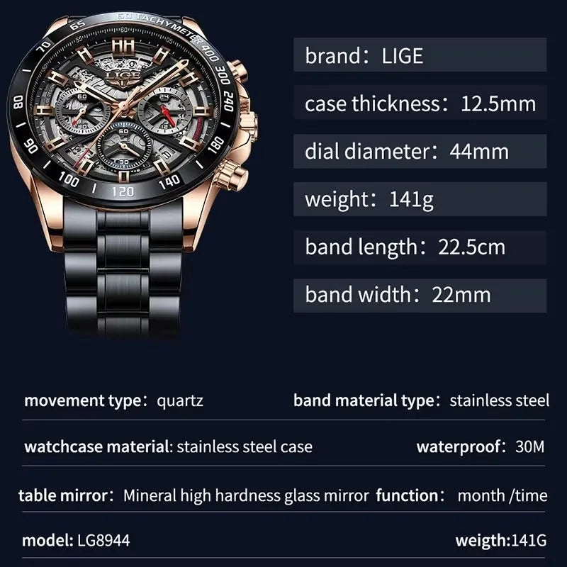 LIGE New Men Casual Sports Watch Top Brand Luxury Watch Waterproof Date Chronograph Stainless Steel Quartz Wristwatch for Men