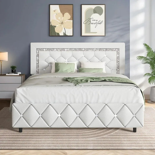 home.Queen Platform Bed Frame with Upholstered Diamond Headboard, Mattress Foundation with Strong Wooden Slats Support, N
