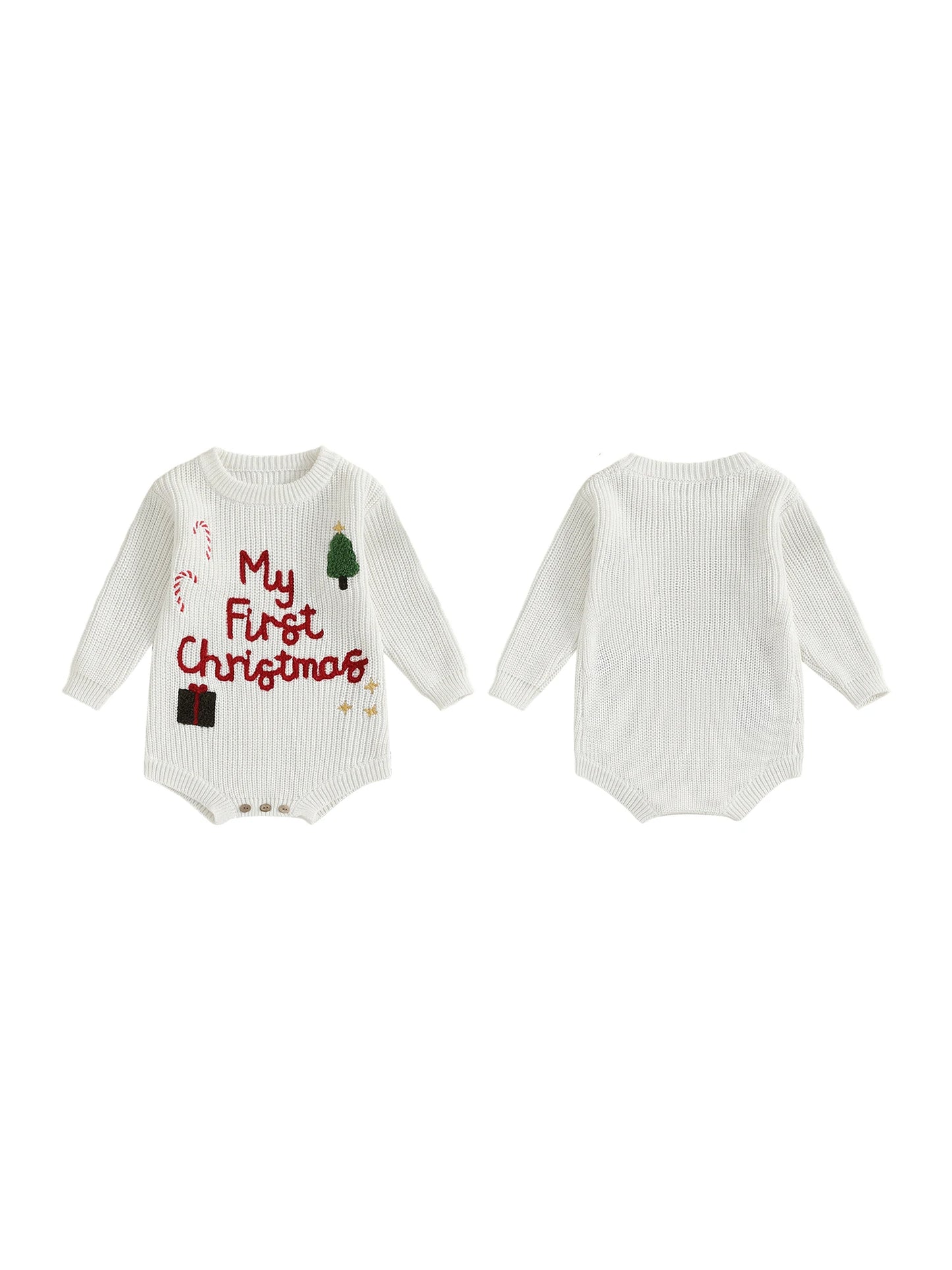Infant Christmas Romper  with Long Sleeves and Embroidered Candy Cane Design Festive Holiday Jumpsuit for Baby Girl