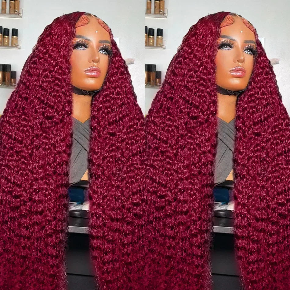 200 Density 13x4 Curly 99J Burgundy Colored Lace Front Wig 30 36 Inch Deep Wave 13x6 HD Lace Frontal Human Hair Wigs For Women
