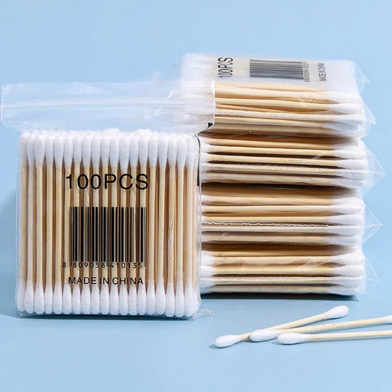 500pcs Double Head Wood Cotton Swab Nose Ears Cleaning Women Makeup Tools Lipstik Cotton Buds Tip Sticks Health Care