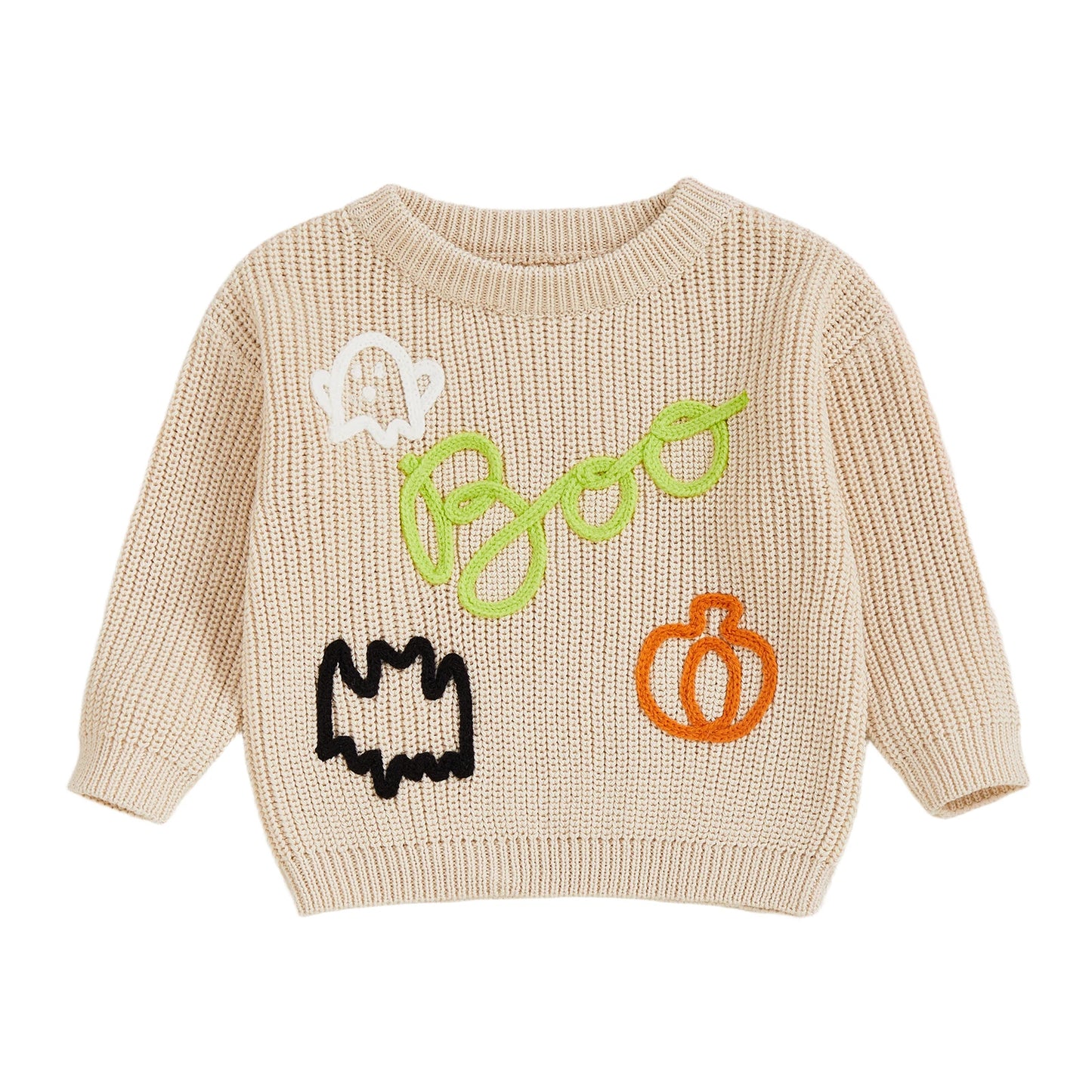 Women s Halloween Knit Sweater with Long Sleeves and O Neckline Featuring Spooky Ghost and Pumpkin Embroidery Detail on