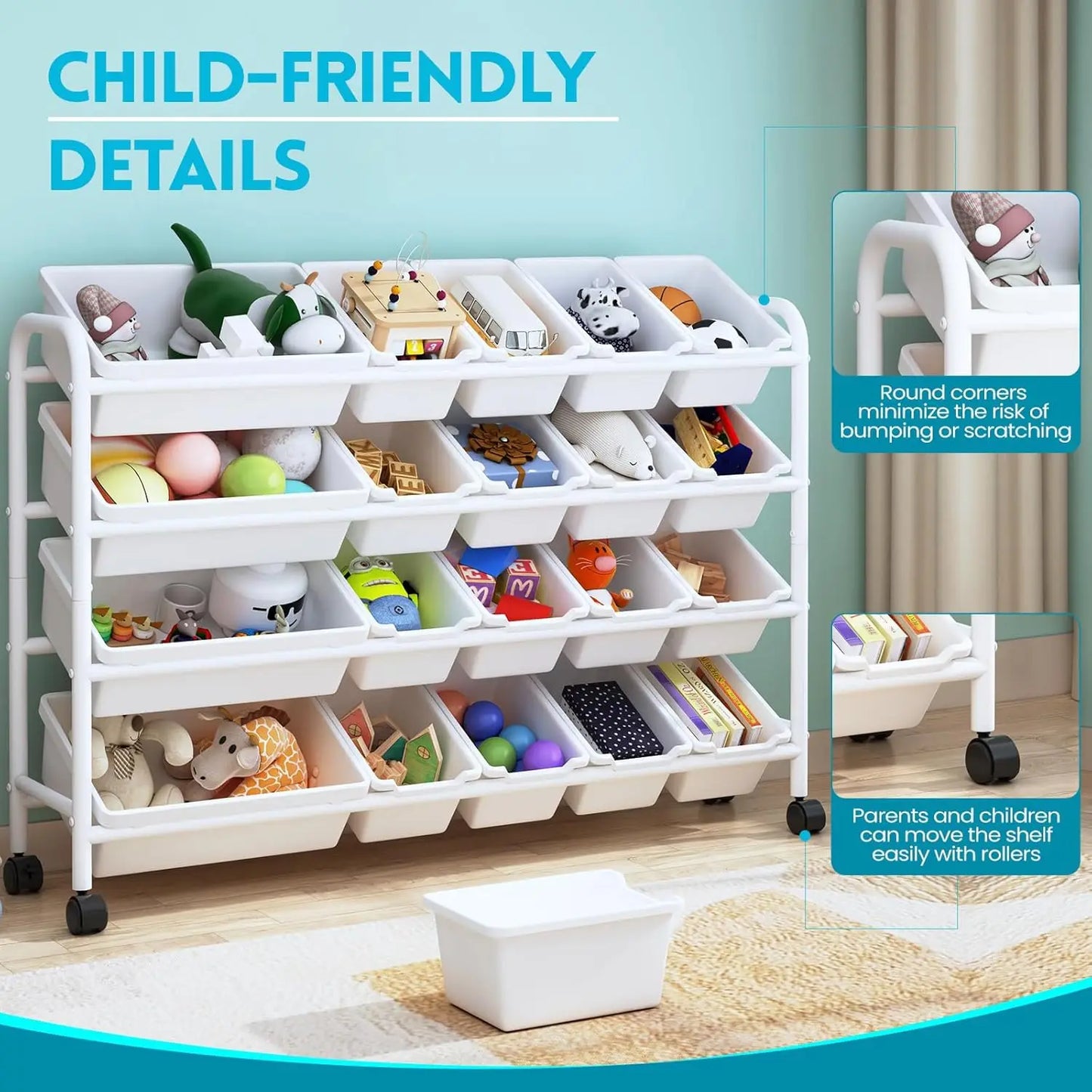 Kids Toy Storage Organizer with 20 Plastic Bins, 4-Tier Metal Toy Storage Rack, Extra Large Toy Organizer and Storage Bins for K