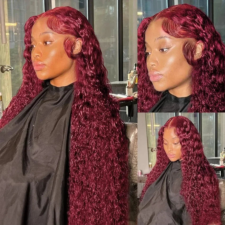 200 Density 13x4 Curly 99J Burgundy Colored Lace Front Wig 30 36 Inch Deep Wave 13x6 HD Lace Frontal Human Hair Wigs For Women
