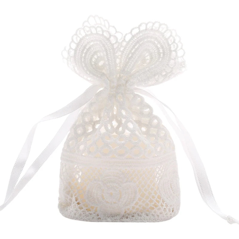 White Lace Drawstring Favor Bags for Wedding Party Favors Bridal Shower Baby Shower and Special Events - Pack of 50