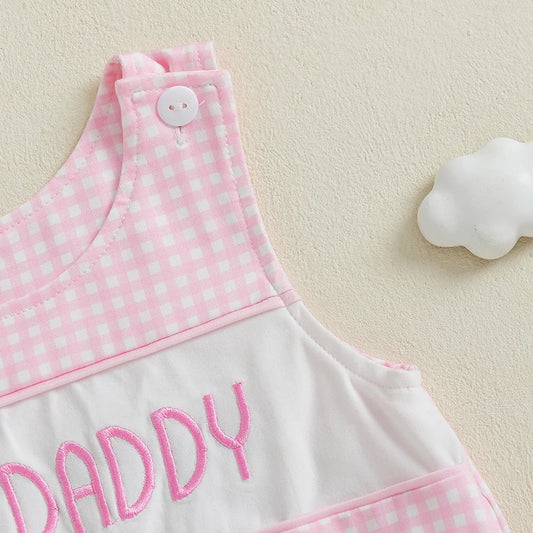 Cute Baby Girls Rompers with Adorable Letter Embroidery and Plaid Design Sleeveless Round Neck Infant Bodysuits Jumpsuits for