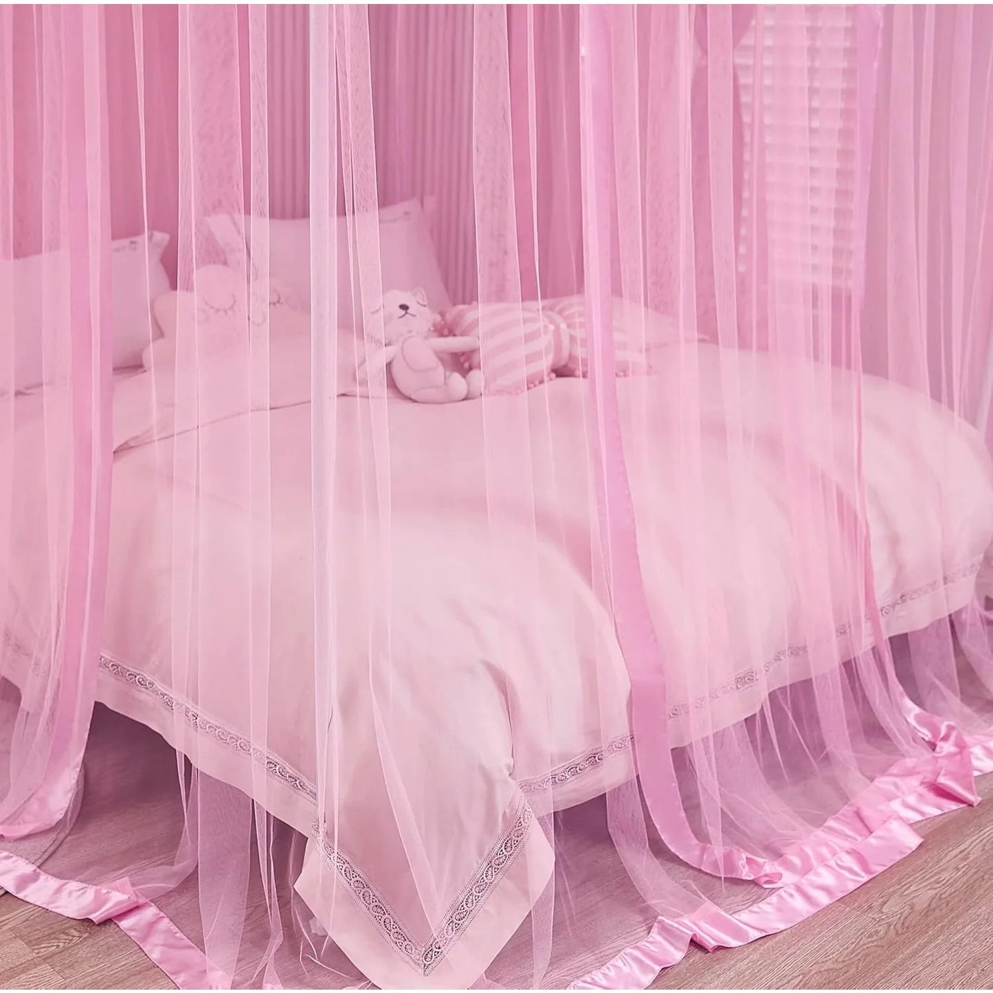 4-point canopy bed curtains, suitable for girls in full size - curtain bed frame, cute princess bedroom decoration (pink)