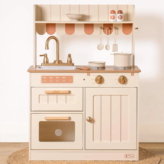 Robotime Robud Play Kitchen Wooden Kids Kitchen Playset with Realistic Design Sink Oven, Stove Cabinet Vintage Style for Kids