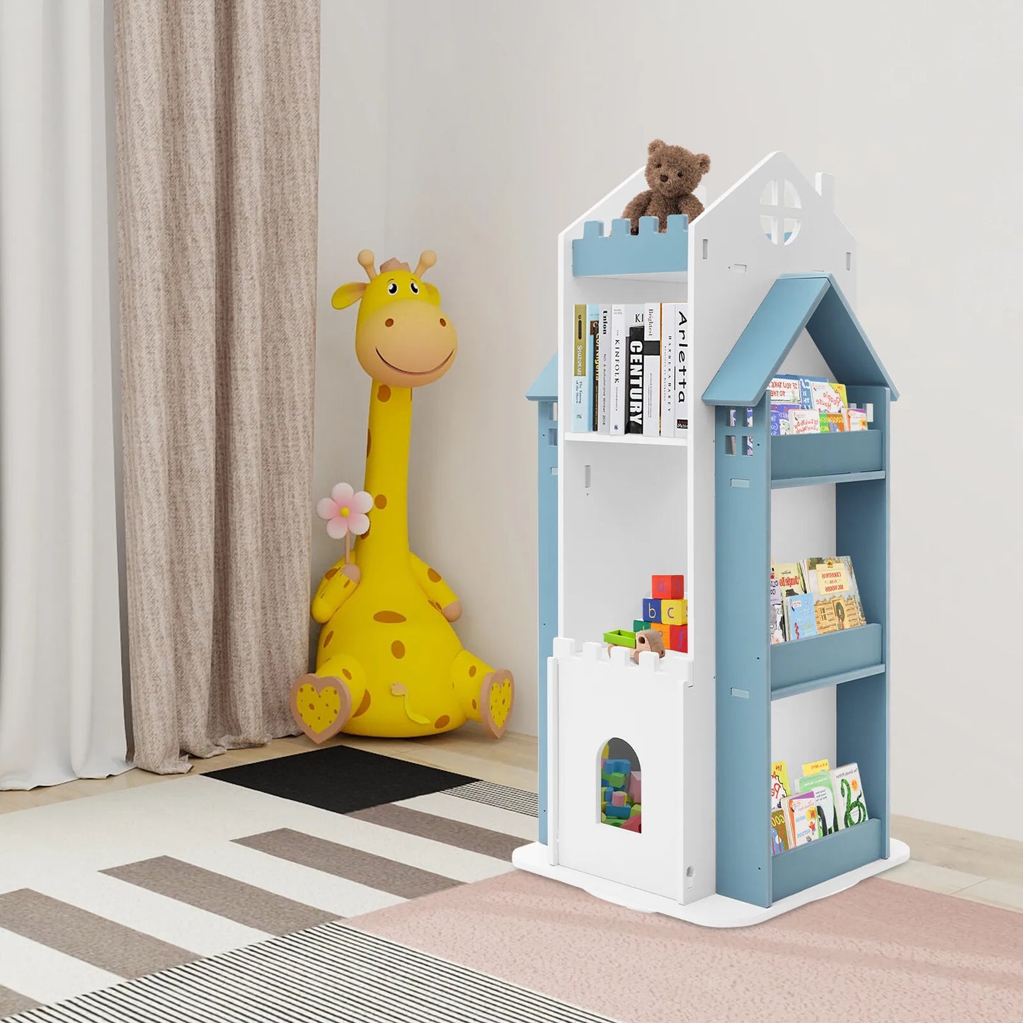 Rotating Children's Bookshelf, Book Display Shelf, Floor Standing Bookshelf Blue