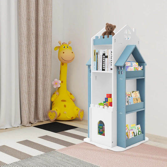 Rotating Children's Bookshelf, Book Display Shelf, Floor Standing Bookshelf Blue