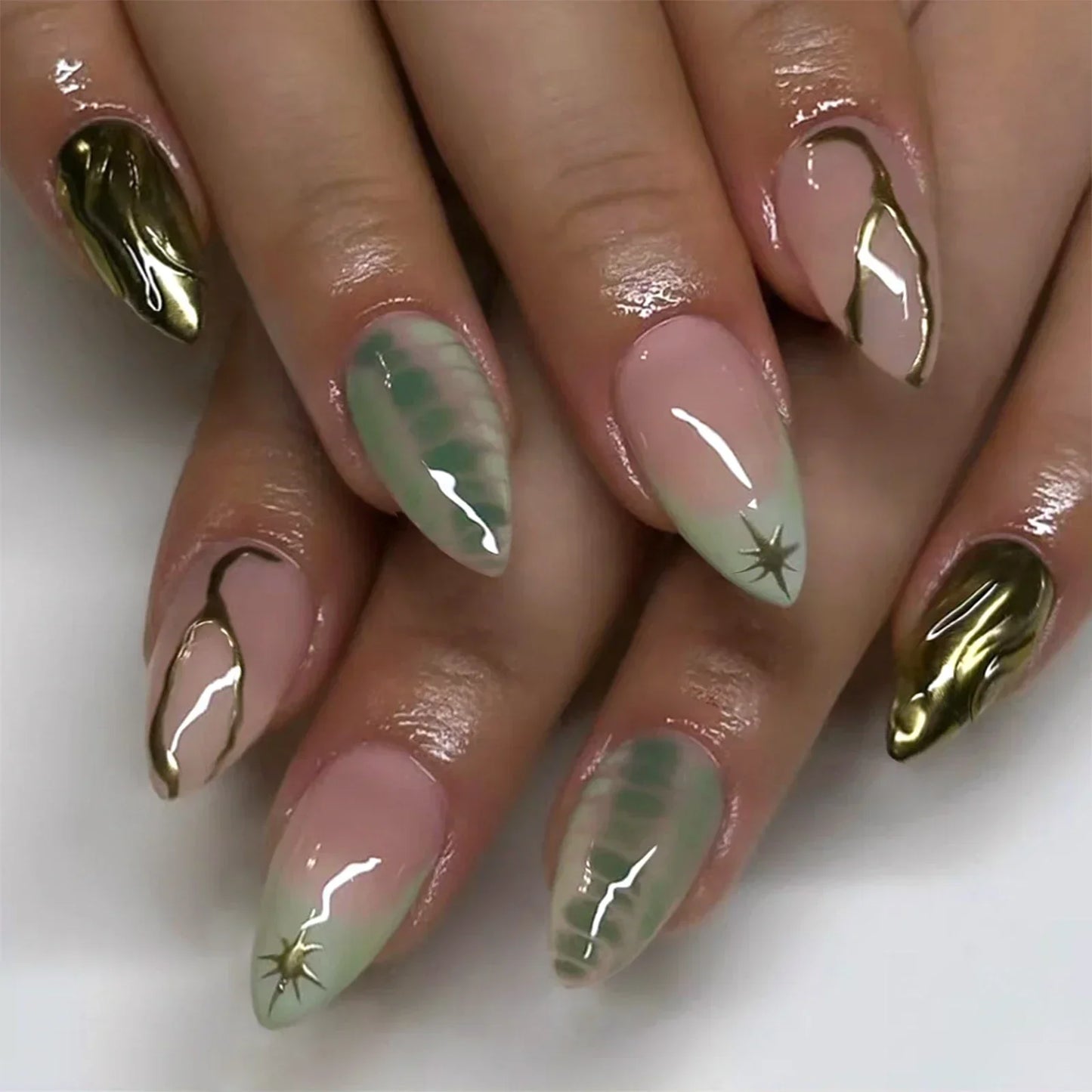 24Pcs False Nails Spicy Girl Silver Bow with Diamond Fake Nails with Glue Almond Press on Nails Black Cool Almond Nail Set