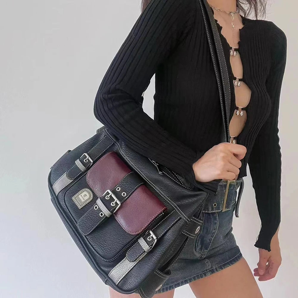 Girls Large Capacity Crossbody Bag Adjustable Strap Retro Sling Bag Multi-Pocket Contrast Color for Traveling Shopping Commuting