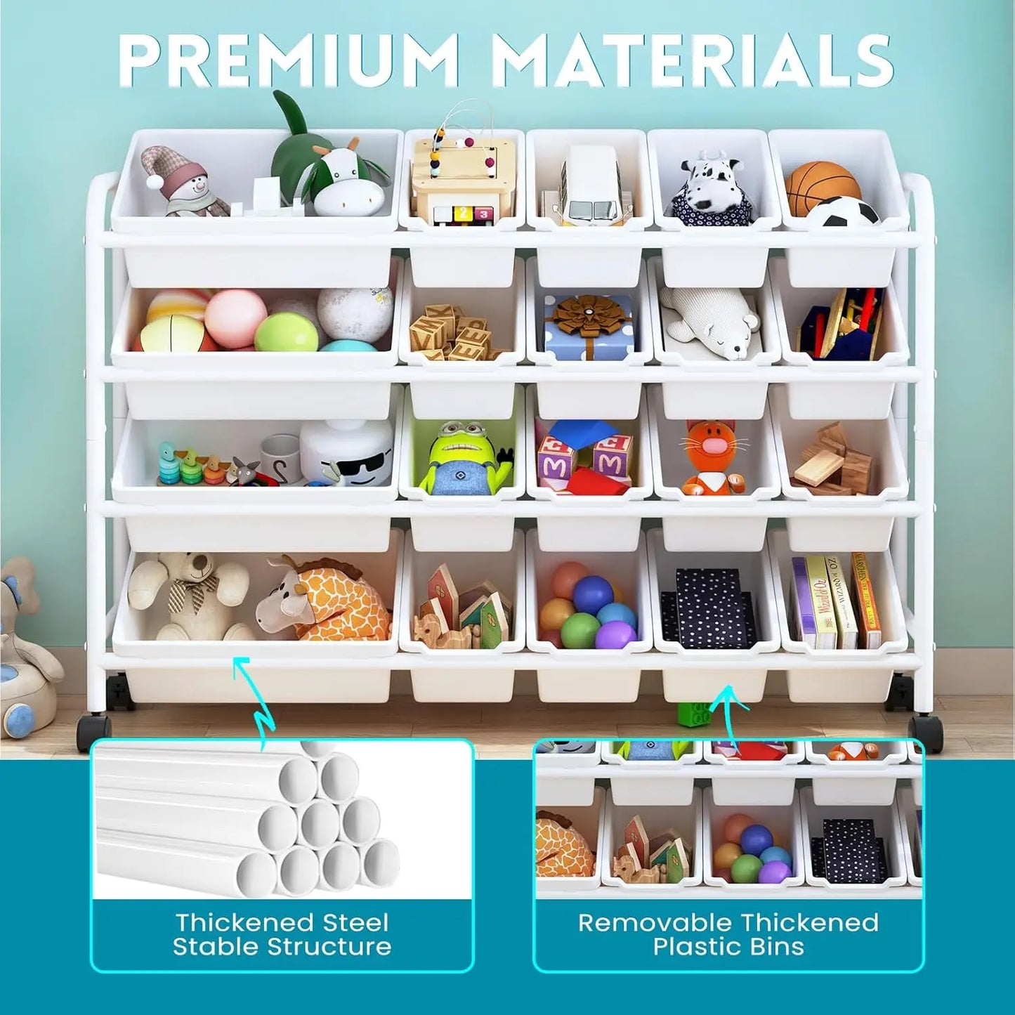 Kids Toy Storage Organizer with 20 Plastic Bins, 4-Tier Metal Toy Storage Rack, Extra Large Toy Organizer and Storage Bins for K