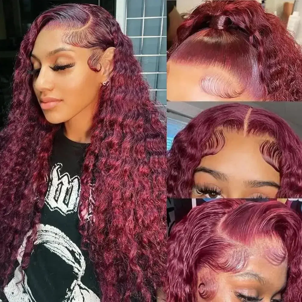 200 Density 13x4 Curly 99J Burgundy Colored Lace Front Wig 30 36 Inch Deep Wave 13x6 HD Lace Frontal Human Hair Wigs For Women