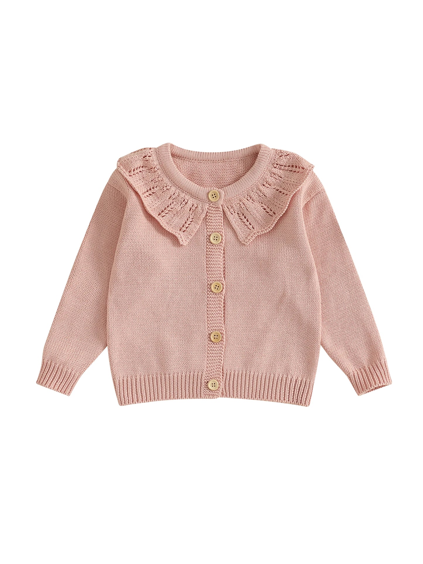 Infant Girls Knitted Sweater with Ruffled Crew Neck Long Sleeves and Button Closure - Solid Color Cardigan