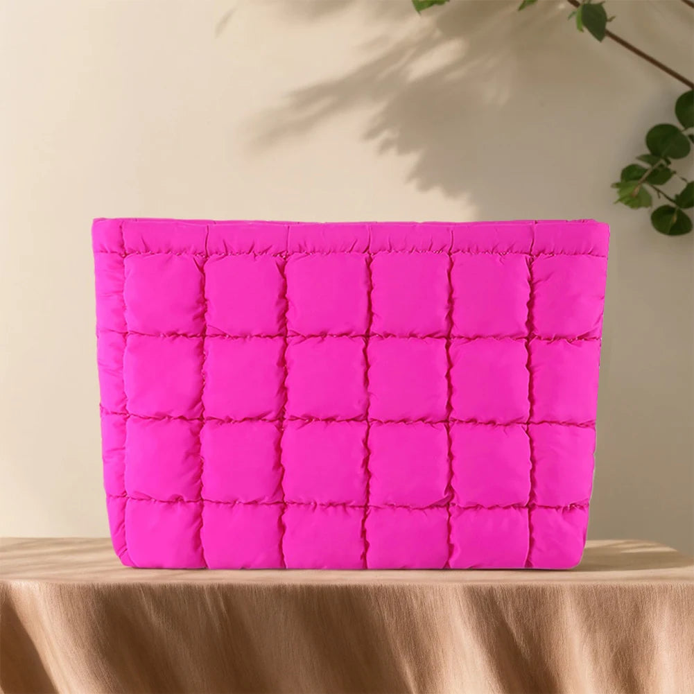 Quilted Cosmetic Bag Puffy Travel Makeup Pouch with Zipper Makeup Organizer Storage Bag Solid Color for Women and Girls
