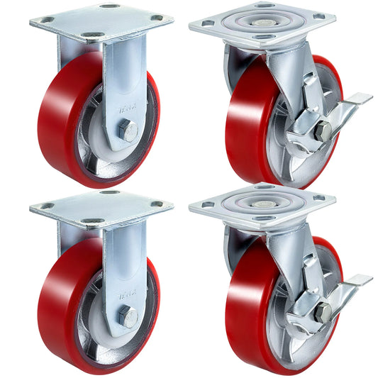SucceBuy 4 Pack 6"x2" Heavy Duty Iron Core Polyurethane 2 Rigid and 2 Swivel Casters  With Side Brake 1000LBS Capacity Per Wheel