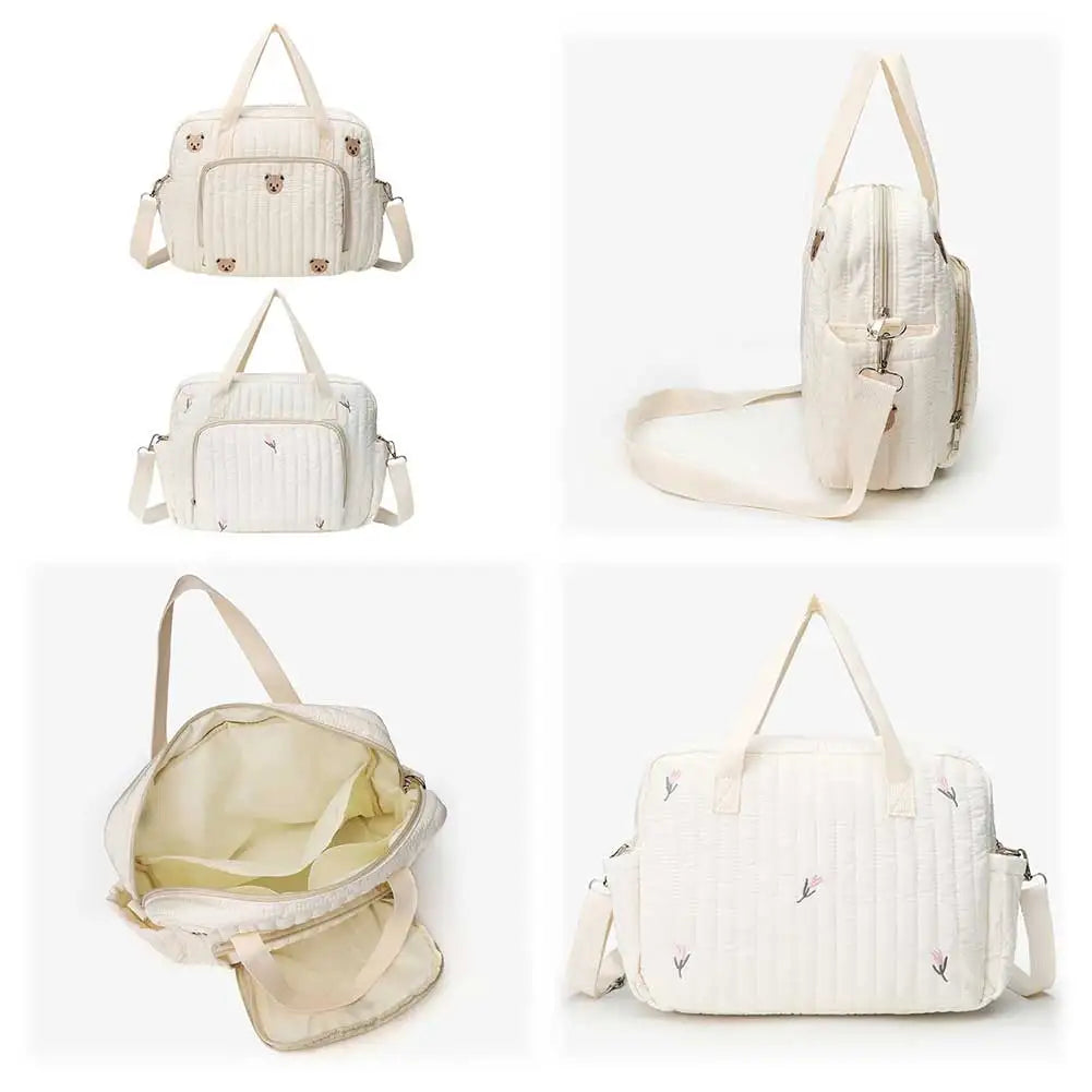 Bear/Flower Quilted Mommy Bag Multifunctional Utility Tote Bag Cotton Crossbody Maternity Bag Adjustable Strap Diaper Handbag