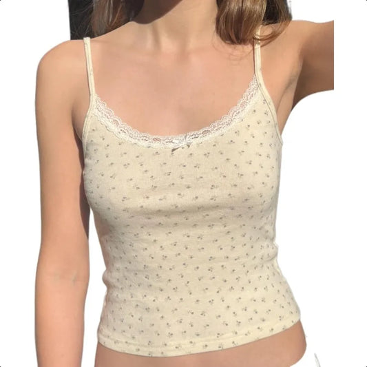 Women Y2k Floral Print Camisole Fairy Cute Lace Trim Spaghetti Strap Crop Top  Summer Vest Tank Top Streetwear