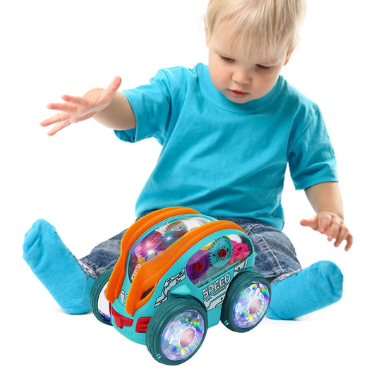 Light Up Transparent Gear Car Toy Bump and Go Toy Car with Colorful Moving Gears Toddler Trucks Stunts Somersaults Car for Kids