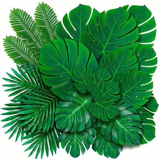 Artificial Palm Leaves 21-30 Pack, 5-8 Kinds Large Small Green Fake Palm Leaf with Stems for Safari Jungle Hawaiian Luau