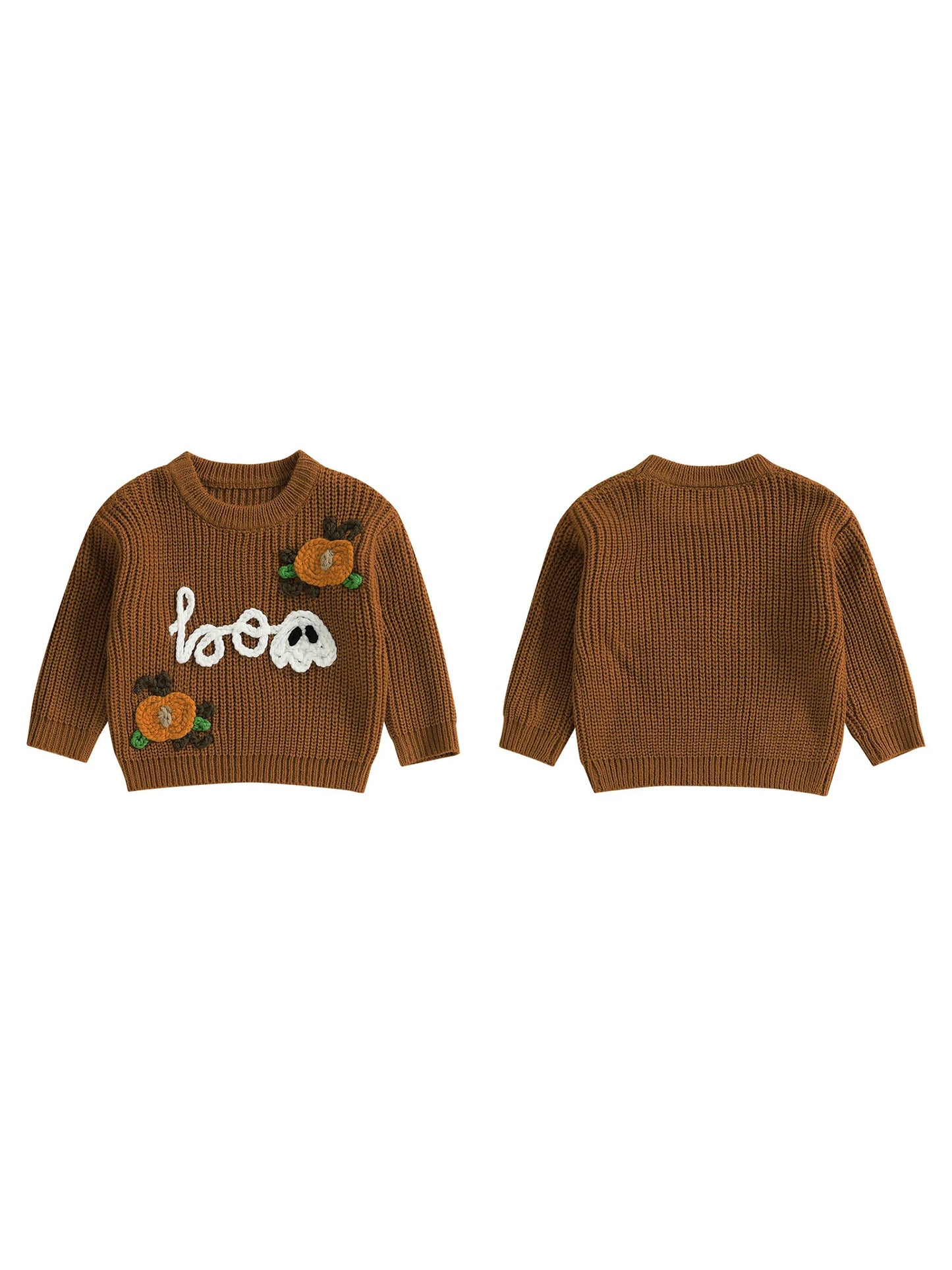 Kids Halloween Sweater with Spooky Pumpkin Embroidery and Cozy Crew Neck - Long Sleeve Knitwear Pullover for Boys and Girls