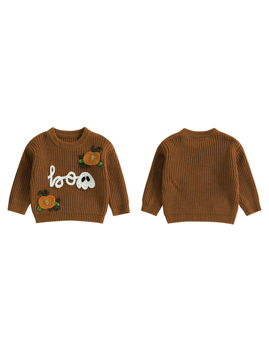 Kids Halloween Sweater with Spooky Pumpkin Embroidery and Cozy Crew Neck - Long Sleeve Knitwear Pullover for Boys and Girls