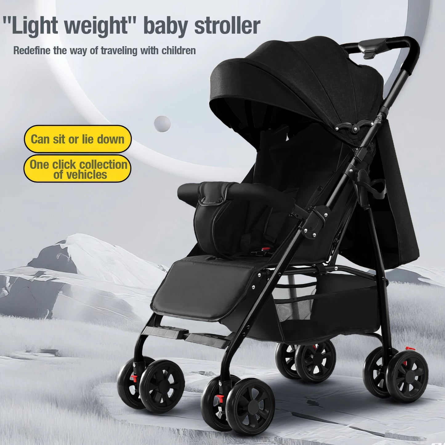 Lightweight Baby Stroller 4.6KG One-Hand Fold & Carry Recline 175° to Sit 5-Point Safety Harness Universal Wheels for Newborn+