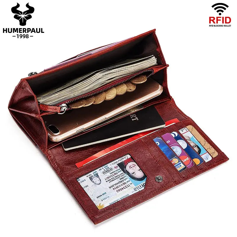 HUMERPAUL Genuine Leather Fashion Wallets For Women Long Clutch Money Bag With Phone Pocket High Quality Credit Card Holder RFID