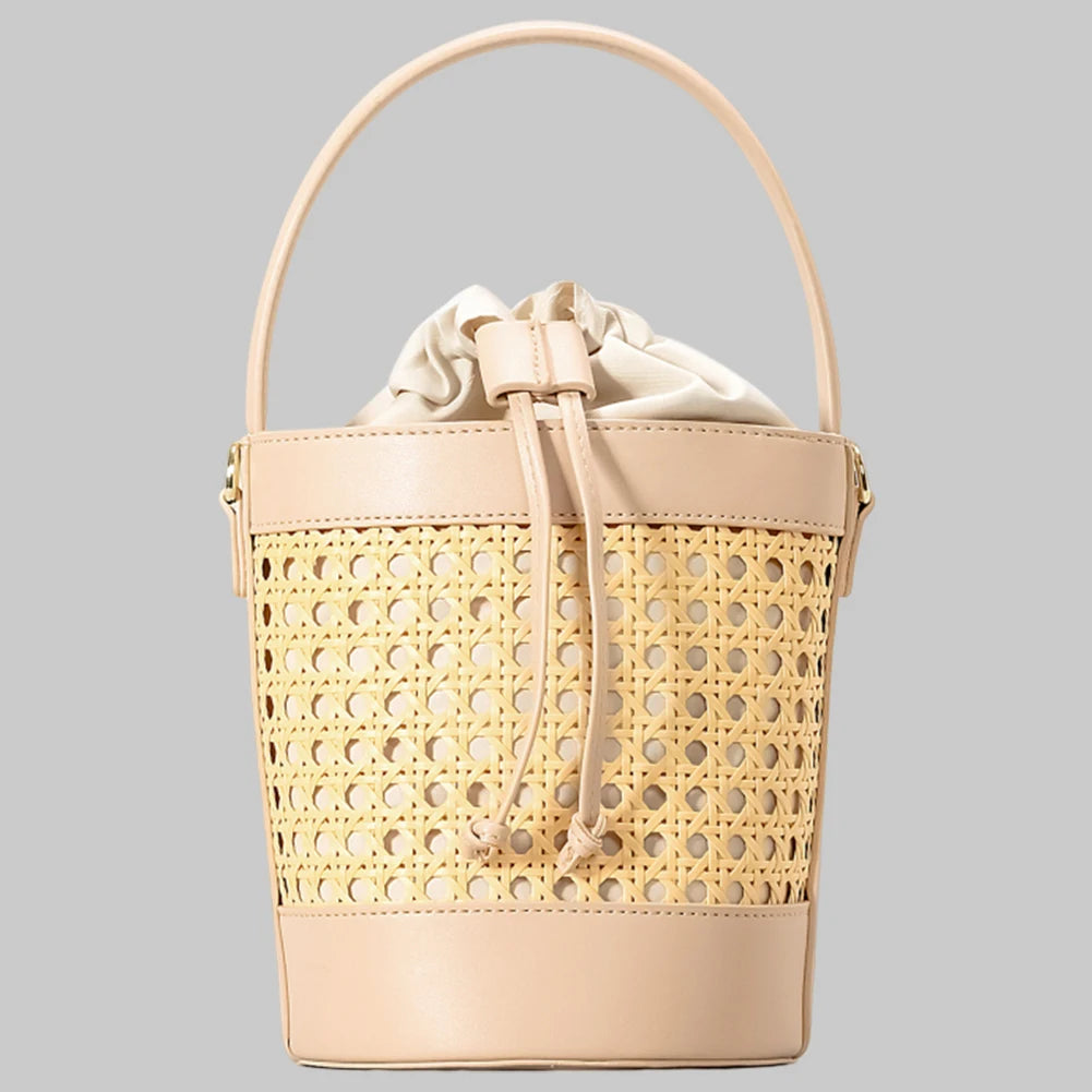 Rattan Bag PU Leather Bucket Bag Summer Hollow Shoulder Bag Holiday Travel Handbag for Women
