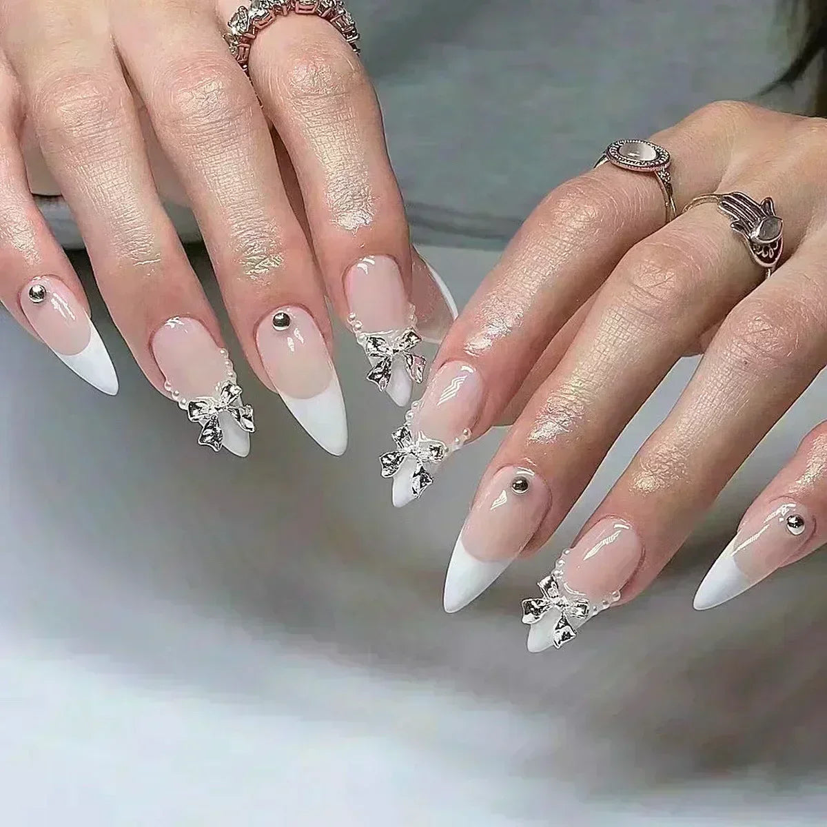 24Pcs False Nails Spicy Girl Silver Bow with Diamond Fake Nails with Glue Almond Press on Nails Black Cool Almond Nail Set