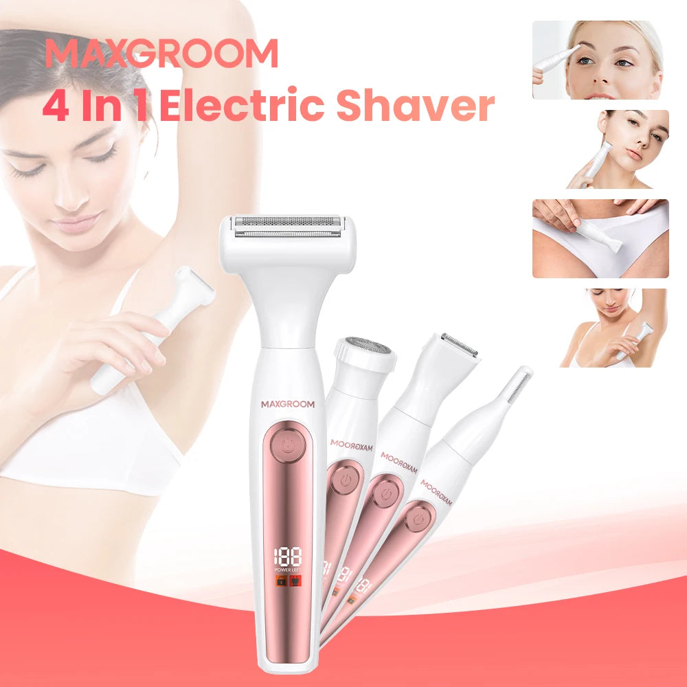 MAXGROOM 4 in 1 Body Hair Trimmer Kit for Women Electric Nose Ear Trimmer Rechargeable Razors for Groin IPX6 Waterproof Epilator