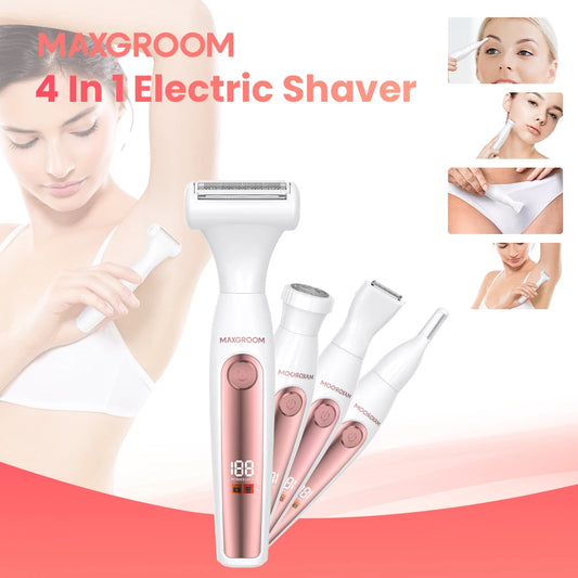 MAXGROOM 4 in 1 Body Hair Trimmer Kit for Women Electric Nose Ear Trimmer Rechargeable Razors for Groin IPX6 Waterproof Epilator