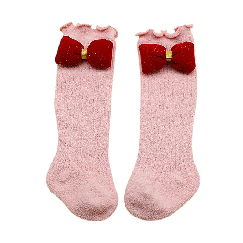 Adorable Baby Girl Knee High Socks with Lotus Edge Design and Bow Detail Soft Elastic Material for Cozy Warmth and Style