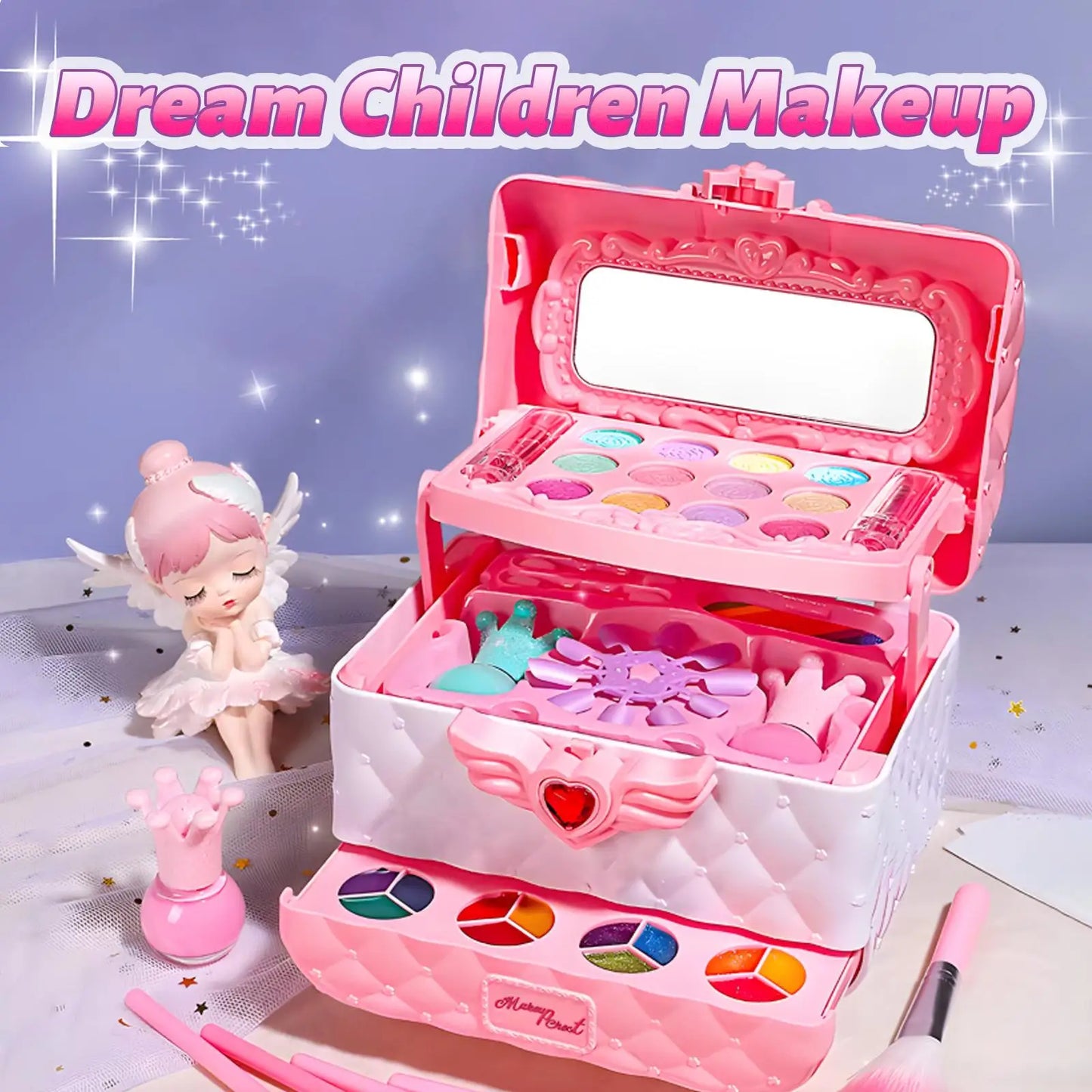 Multi-Layered Foldable Makeup Set for Kids Pretend Play Cosmetic Set for Girls, Learning and Education Toys with Box for Birthda