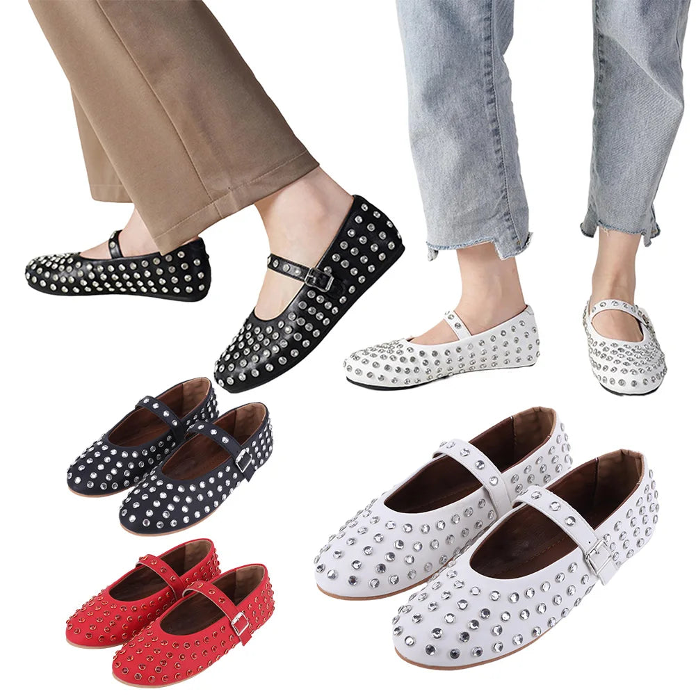 Women Crystal Ballerina Shoes with Buckle Strap Rhinestone Ballet Flats Mary Jane Flats Comfortable Female Casual Shoes