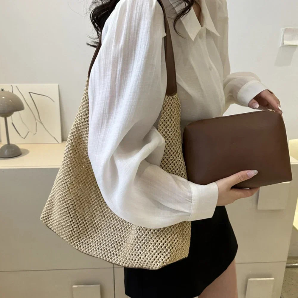 Travel Beach Straw Bag Rattan Woven Handmade Knitted Summer Beach Bag Straw Large Capacity Women Shoulder Bags Handbag Shopper