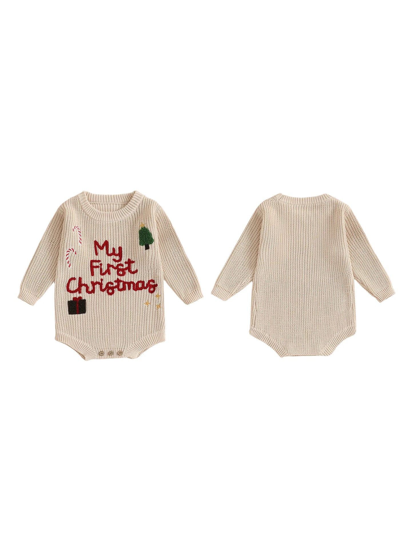 Infant Christmas Romper  with Long Sleeves and Embroidered Candy Cane Design Festive Holiday Jumpsuit for Baby Girl