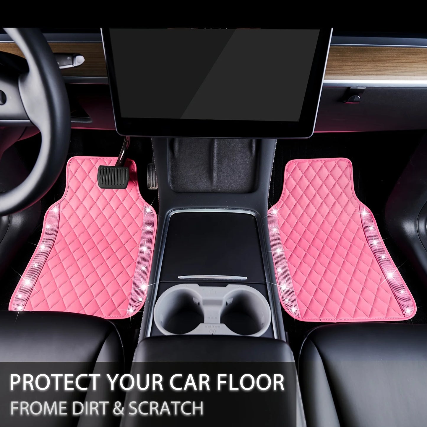 Bling PU Leather Car Mats Shining Diamond Floor Mats Crystal Rhinestone SparklyGlitter Carpet Anti-Slip Waterproof Pad Universal