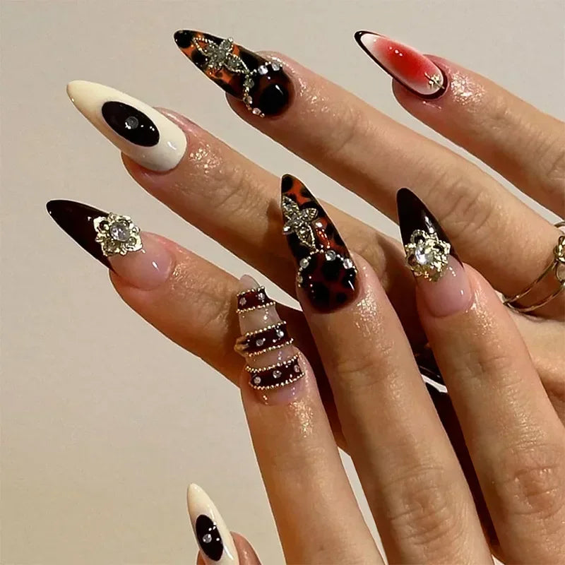 24Pcs False Nails Spicy Girl Silver Bow with Diamond Fake Nails with Glue Almond Press on Nails Black Cool Almond Nail Set