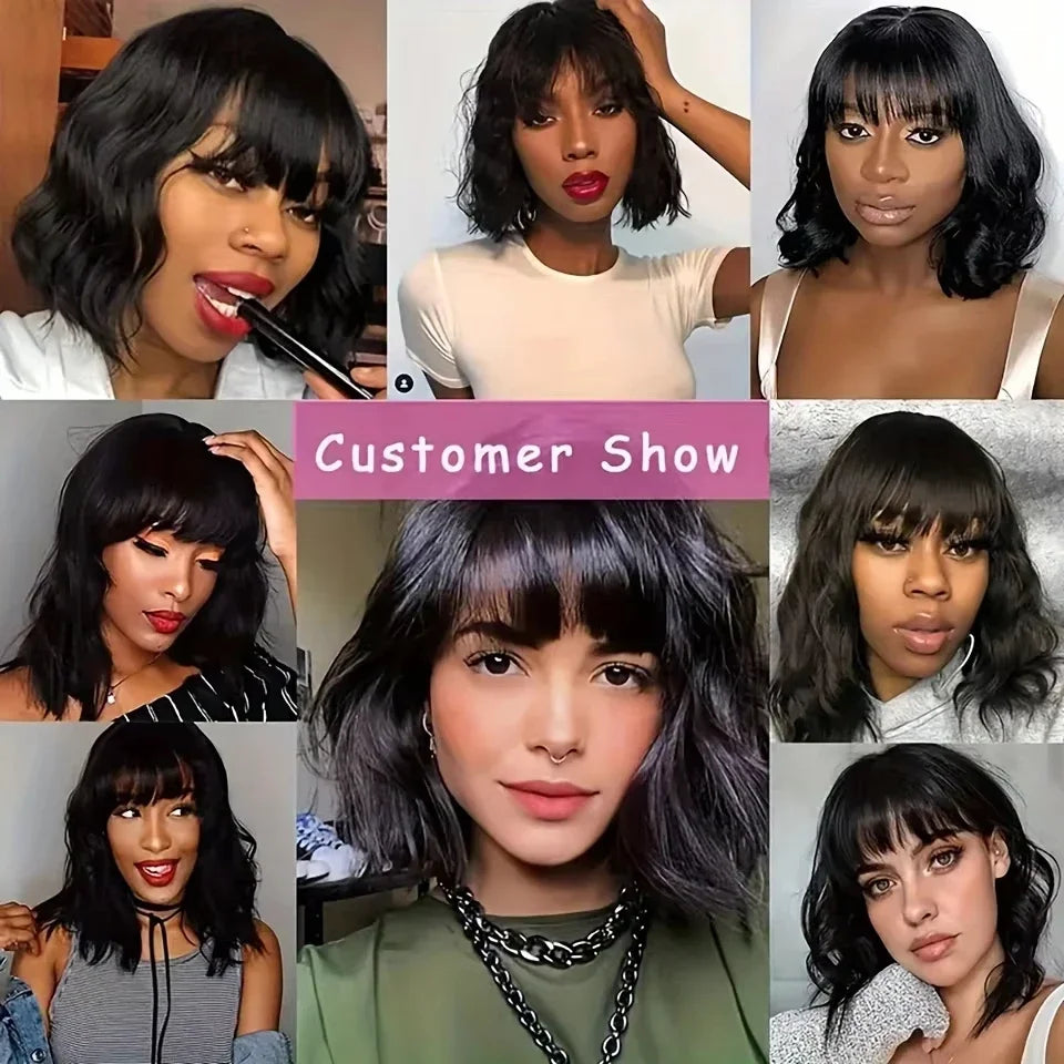 3x1 Middle Part Bob Wig for Black Women with Bangs 100% Remy Human Hair Body Wave Short Lace Frontal Fringe Realistic Scalp Wigs