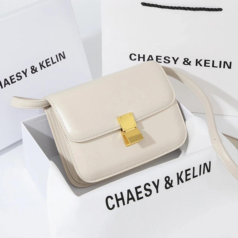 Leather Shoulder Bag for Women Small Square Bag Metal Lock Fashion Messenger Bag Luxury Designer Handbag Casual Commuting Bag